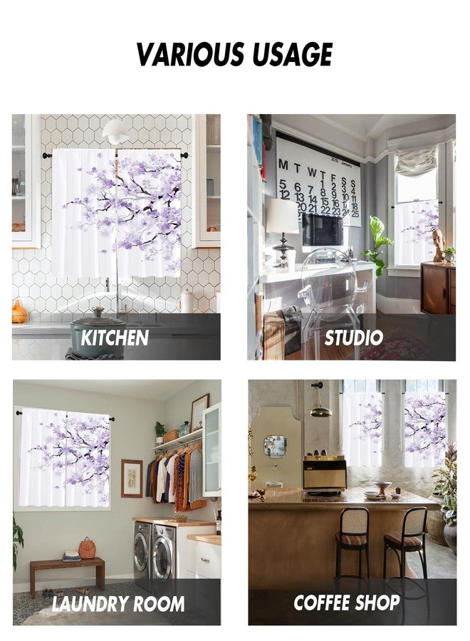Kikiry Purple Kitchen Curtains Mini 27.5'' W x 39'' L Floral Cherry Blossom Japanese Lavender Patterned Flower Printed Woman Small Cafe Room Rod Pocket Window Drapes Treatment Tiers Fabric 1 Pair - Image 5